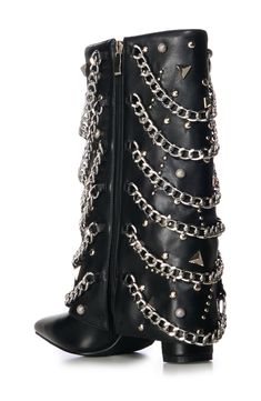 Complete your look with the abundant moto style of this pointy-toe boot covered in mixed studs and polished silvertone chains. Side zip closure Synthetic upper, lining and sole Imported Pointy Toe Boots, Azalea Wang, Black Boots Tall, Tall Boot, Moto Style, Nordstrom Store, Tall Boots, Black Fits, Chain Link