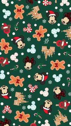 mickey and minnie mouse christmas wallpaper with snowflakes, candy canes and other decorations