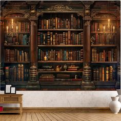 an old fashioned library with bookshelves full of books and candles on the shelves