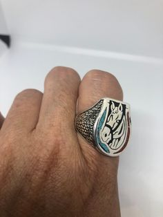 Cool Vintage Rock and Roll star men's ring Genuine stone Southwestern inlay Nice heavy ring, Silver white bronze Does not tarnish Unused stock from the 1980's I have an assortment of sizes from 8-14 We have some half sizes. My jeweler can custom resize for $10-$20 fee Please add your size to the order in a message and I will send the size you require. If I am out of stock in your size, I will list the ones I have available for replacement. If I am sold out in the sizes you would prefer, I will c Southwestern Style Turquoise Inlay Ring, Western Style Sterling Silver Turquoise Inlay Ring, Traditional Silver Turquoise Ring With Inlay, Artisan Silver Turquoise Ring With Inlay, Southwestern Polished Turquoise Ring, Sterling Silver Rings Turquoise Native American, Americana Vintage, Southwestern Style Blue Nickel-free Rings, Real Turquoise