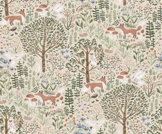 an animal themed wallpaper with trees and flowers