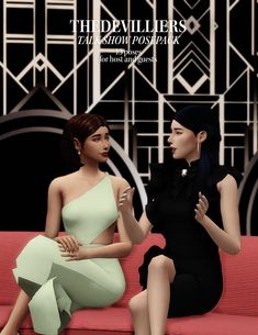 two women sitting on a red couch talking to each other in front of an art deco background