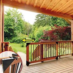 a deck with an arrow pointing to the right and left hand side of the porch