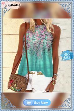 Floral-print Floral Spaghetti Casual Tops Summer Fashion Print Multicolor Tops, Summer Multicolor Fashion Print Tops, Multicolor Fashion Print Summer Tops, Multicolor Fashion Print Tops For Summer, Blue Printed Tank Top For Summer, Spring Floral Print Multicolor Tank Top, Sleeveless Summer Tops With Abstract Print, Spring Patterned Tank Top, Patterned Printed Tank Top For Beach