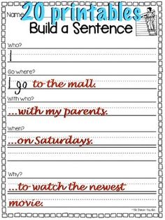 the printable worksheet for students to practice sentence writing and spelling with their own words