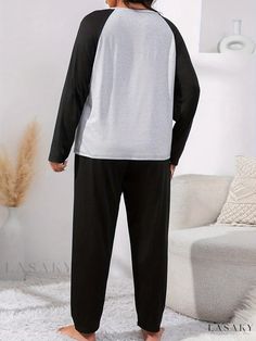 Lasaky - Plus Size Womens Colorblock Leopard Heart Print Loungewear Set - Comfortable Two Piece Pajama Set with Long Sleeve Round Neck Top & Pants Casual Patchwork Sets For Loungewear, Casual Loungewear Sets With Patchwork, Cotton Patchwork Sets For Loungewear, Casual Black Sets For Relaxation, Black Loungewear Set With Long Pants, Coffee Slogans, Round Neck Top, Comfy Pants, Round Neck Tees