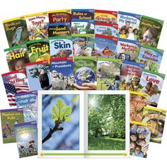 the children's book collection is full of books about nature and their environment, including pictures