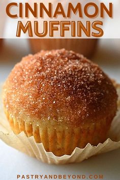 cinnamon muffins with powdered sugar on top and the title overlay reads, cinnamon muffins