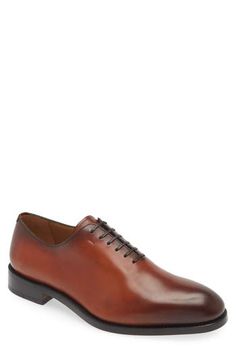 Richly burnished calfskin distinguishes this plain-toe oxford crafted in Italy using the label's exclusive Tramezza construction. Lace-up style Leather upper, lining and sole Made in Italy Designer Shoes Cognac Plain Toe Oxfords For Semi-formal Occasions, Luxury Cognac Oxfords For Semi-formal, Luxury Cognac Oxfords For Semi-formal Occasions, Elegant Cognac Oxfords With Goodyear Welt, Elegant Goodyear Welted Cognac Oxfords, Luxury Cognac Plain Toe Oxfords, Luxury Plain Toe Oxfords In Cognac, Elegant Cognac Oxfords For Business, Elegant Cognac Oxfords For Derby