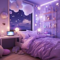 a bedroom decorated in purple and white with stars on the ceiling, windows, and bedding