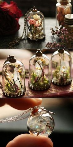 there are three different pictures of flowers in glass jars with chains on the bottom and below