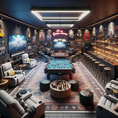 Experience the ultimate gamer's paradise with our room packed with consoles, a huge TV, a bar, cozy recliners, a billiards table, and a music corner with an old-school turntable and guitars. #GamingRoom #HomeBar #Billiards #MusicLover #RetroDecor #UltimateManCave Man Cave Inspiration, Best Man Caves, Garage Game Rooms, Huge Tv, Male Aesthetic, Man Cave Furniture, Billiards Table, Music Corner, Garage Renovation