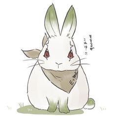 a drawing of a rabbit wearing a bandana and sitting in the grass with its eyes closed