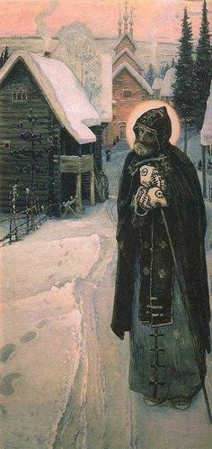 a painting of a person walking in the snow with a dog on his shoulder and a house behind them