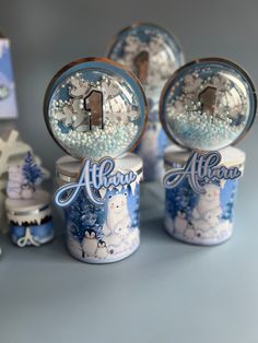 there are snow globes with numbers on them