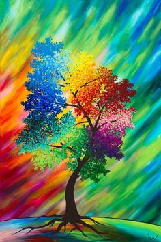 a painting of a tree with colorful colors