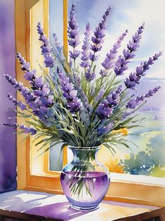 a painting of purple flowers in a vase on a window sill by a window