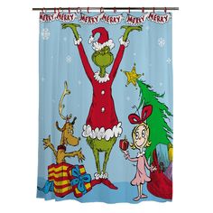 a shower curtain with an image of the grinch and his friends in christmas costumes