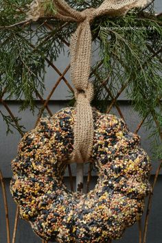 a bird feeder hanging on a fence next to a pine cone wreath with birdseed in it