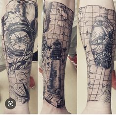 three different views of a man's arm with tattoos on it, including a lighthouse and compass