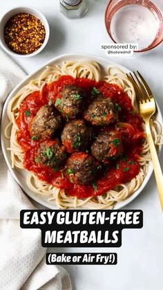 easy gluten - free meatballs with sauce or air fry on a white plate