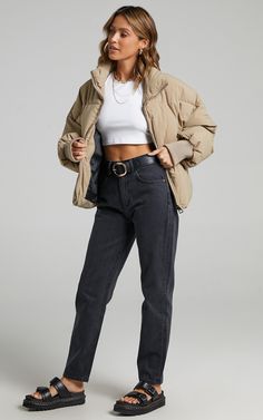 Windsor Puffer Jacket in Beige | Showpo Sporty Quilted Puffer Jacket, Sporty Cropped Outerwear With Zipper Closure, Sporty Spring Quilted Puffer Jacket, Cropped Quilted Outerwear For Fall, Urban Spring Puffer Jacket With Padded Collar, Urban Style Spring Puffer Jacket With Padded Collar, Cord Puffer Jacket, Beige Jacket, Exposed Zipper