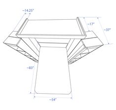 a drawing of a table with measurements for the top and bottom section, including two legs