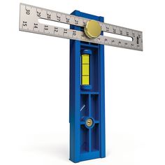 a blue book shelf with a ruler on top of it and a tape measure in the middle