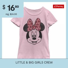 This little and big girls' Minnie Mouse graphic t-shirt is a sweet casual style go-to. Crafted from soft cotton-knit, this tee has a crew neckline and short sleeves. Style it with leggings or a skirt. Character: Minnie MouseClosure Type: Pullover HeadFit: Regular FitNeckline: Crew NeckSleeve Length: Short SleeveFiber Content: 100% CottonFabric Description: KnitCare: Machine Wash, Tumble DryCountry of Origin: Imported Cute Pink Minnie Mouse T-shirt, Pink Minnie Mouse Crew Neck T-shirt, Minnie Mouse Short Sleeve T-shirt For Spring, Short Sleeve Minnie Mouse T-shirt For Spring, Cute Minnie Mouse T-shirt For Summer, Spring Cotton T-shirt With Minnie Mouse, Spring Minnie Mouse Cotton T-shirt, Minnie Mouse Girl, Tops Graphic