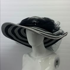 This Is A Gorgeous Hat You Will Sure Dazzle In This Black And White Stripe Adorn With Elegant Feathers Beads With Satin Bows. Ny Yankees Hat, Burberry Bucket Hat, Dior Bucket Hat, Ladies Dress Hats, Yankees Hat, Pom Pom Beanie Hat, Straw Cowboy Hat, Fashion Terms, Military Cap