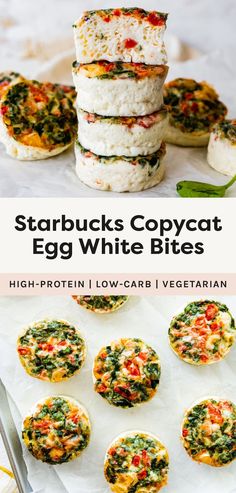 several stacks of food on top of each other with the words starbucks's copycat egg white bites