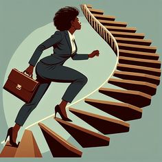 a woman in business attire climbing stairs with a briefcase on her hand and carrying a briefcase