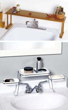 a bathroom sink with a mirror above it and two shelfs on the wall behind it