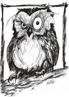 an owl sitting on top of a tree branch next to a wooden frame with eyes