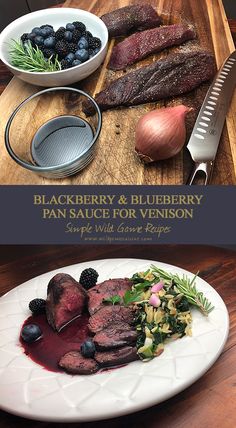 there is a plate with meat and vegetables on it next to a bowl of berries