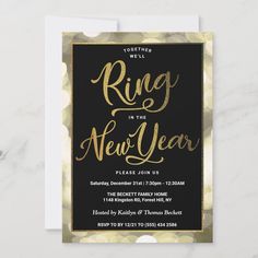 a black and gold new year's party card with the words ring in the new year on it