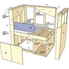 the parts of a wooden desk with drawers and cupboards labeled in blue text on white background