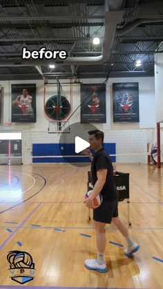 a man holding a tennis racquet on top of a hard wood basketball court