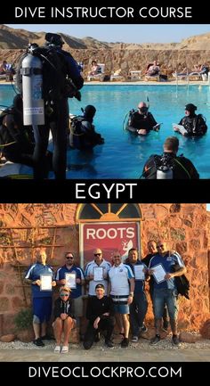 two pictures with people standing in front of a pool and one has scuba equipment on it