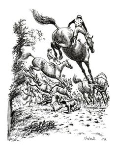 an ink drawing of a horse and rider jumping over a herd of horses in the woods