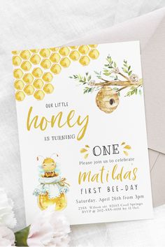 Cute Honey Bee First Birthday Invitation Bee First Birthday Party, Honey Bee First Birthday, Bee First Birthday, Bee Birthday Theme, Sesame Street Birthday Invitations, Bee Themed Birthday Party, Cute Honey Bee, 1st Birthday Invitation Template, Bee Invitations