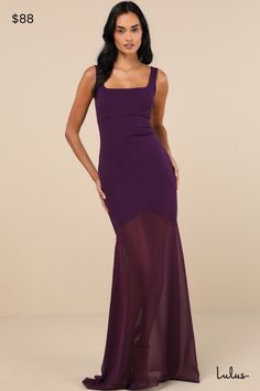 All will be in awe of a whimsically special look like the Lulus Sincerely Exemplary Purple Sleeveless Trumpet Hem Maxi Dress! Stretchy crepe knit shapes this chic dress that features a princess-seamed bodice with a flattering under-bust seam, a trendy square neck (and back), and slender tank straps. The figure-flaunting silhouette continues down to a breezy, sheer chiffon trumpet-style maxi hem. Hidden back zipper/clasp. Fit: This garment fits true to size. Length: Floor length. Size medium meas Sheer Chiffon, Strapless Bra, Hem Dress, Dress 100, Chic Dress, Large Size Dresses, Square Neck, Floor Length, Apparel Accessories