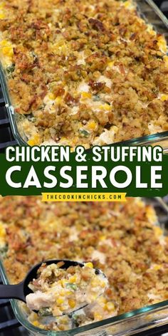 chicken and stuffing casserole in a glass baking dish with the title above it