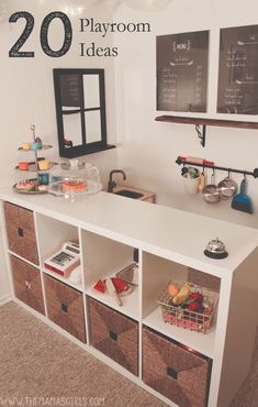 an organized playroom with baskets and chalkboard on the wall