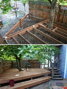 before and after pictures of a backyard deck being built in the back yard with steps leading up to a tree