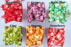 six different types of popcorn are shown in the same color and size, including red, green, blue, and white