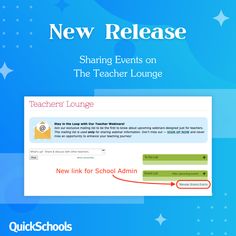 Our latest QuickSchools release highlights major enhancements, especially in the Teachers' Lounge:

✅Administrators now have a “Manage Shared Events” feature to oversee events shared with other users
✅ The “Edit Overall Settings” option lets admins restrict event-sharing permissions, adding an extra layer of control
✅ View and update shared events easily, providing more transparency and efficient event management Teachers Lounge, Nobel Prize Winners, School Management, Process Improvement, School Administration, Grade Book, Nobel Prize, News Release, Event Management