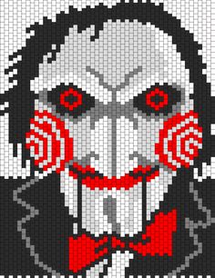 a pixellated image of a clown with red eyes and nose rings on his head