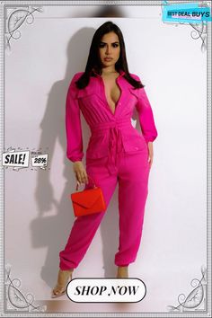 V Neck Button Down Long Sleeve Cargo Jumpsuits Fitted Pink Jumpsuits And Rompers With Pockets, Trendy Long Sleeve Jumpsuits And Rompers With Button Closure, Trendy Solid Color Jumpsuits And Rompers With Buttons, Fitted Jumpsuits And Rompers With Pockets For Day Out, Spring Long Sleeve Jumpsuits And Rompers With Buttons, Casual Pink Jumpsuits And Rompers For Fall, Casual Pink Jumpsuits And Rompers With Buttons, Trendy Pink Long Sleeve Jumpsuits And Rompers, Casual Pink Jumpsuits And Rompers With Button Closure