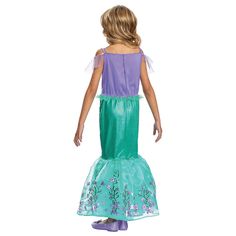 Become the adventurous and brave Ariel from the Disney animated movie, The Little Mermaid! Our Ariel Deluxe Child Costume includes a pretty Dress that has a purple bodice with sheer sparkle shoulder accents and a green mermaid skirt with a beautiful fin ruffle. Printed delicate sea vines and purple flowers cover the fin hemline. An attached Ariel character Cameo decorates the neckline! Care Instructions: Hand wash cold water with mild soap. Tumble dry low. For best results hang or lay flat to dr Ariel Costume Kids, Ariel Dress Costume, Ariel Costume, Ariel Costumes, Little Mermaid Costume, Disney With A Toddler, Ariel Dress, Party Frocks, Little Mermaid Ariel